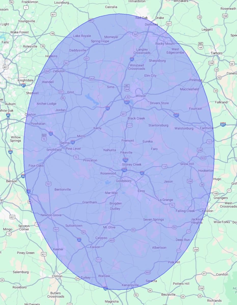Map of the Tree Works service area around Pikeville and Goldsboro, NC