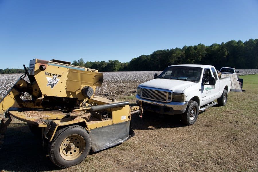 Tree Works Vermeer stump grinder and work truck on a job