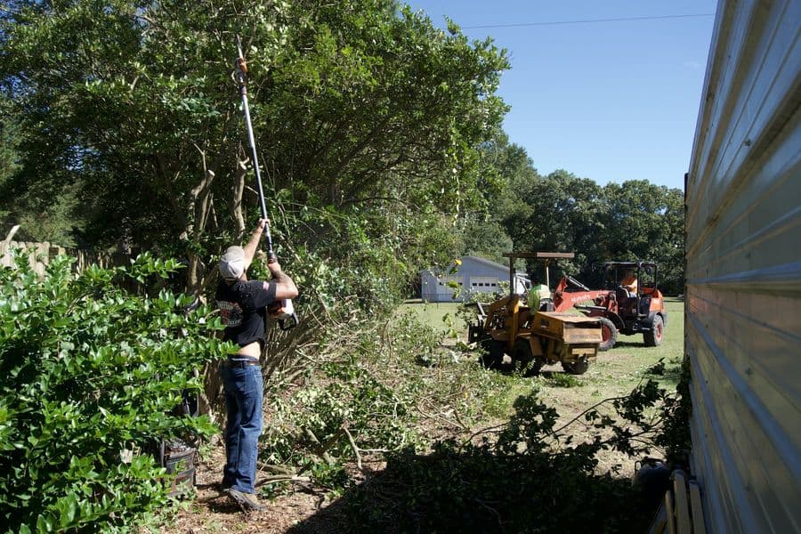 Trimming overgrowth by the building with the loader and grinder waiting behind